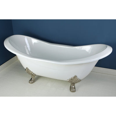 72" Large Cast Iron White Double Slipper Claw Foot Bathtub w/ Satin Nickel Feet