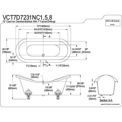 72" Large Cast Iron White Double Slipper Claw Foot Bathtub w/ Satin Nickel Feet