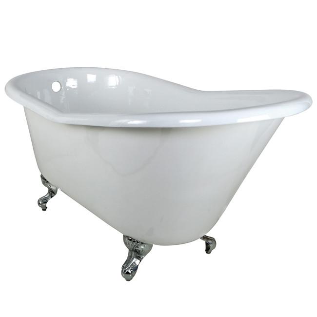 60" Small Cast Iron White Slipper Clawfoot Bathtub with Chrome Feet