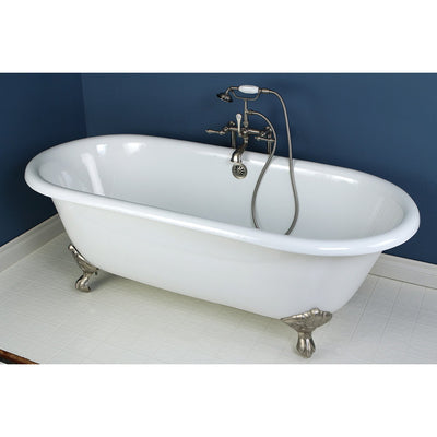 66" Large Cast Iron Double Ended White Claw Foot Bath Tub with Satin Nickel Feet