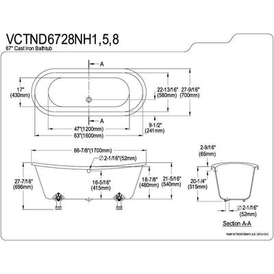 67" Large Cast Iron White Double Slipper Clawfoot Bath Tub w/ Satin Nickel Feet