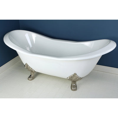 72" Large Cast Iron White Double Slipper Clawfoot Bath Tub w/ Satin Nickel Feet