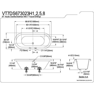 67" Double Ended White Acrylic Clawfoot Tub with Satin Nickel Lion Feet