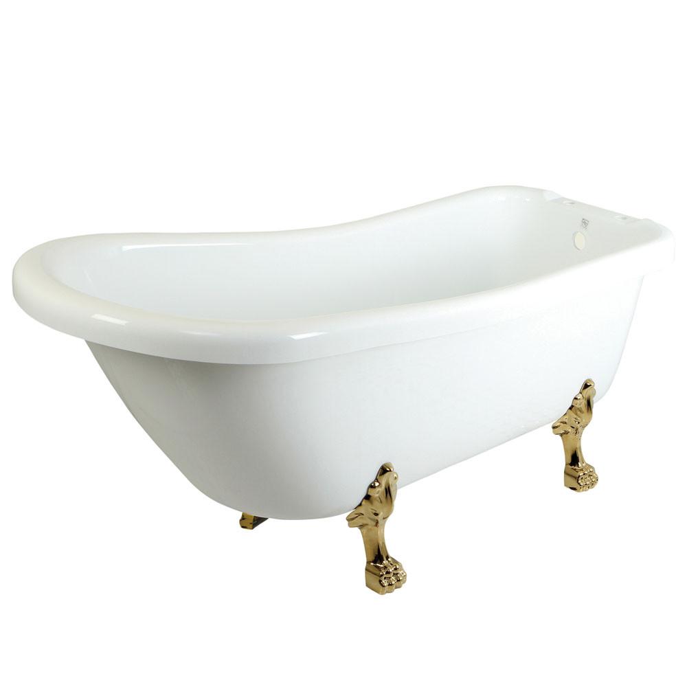 69" Large White Slipper Acrylic Clawfoot Bath Tub with Polished Brass Lion Feet