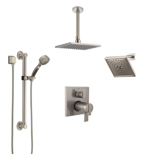 Custom Stainless Steel Finish Thermostatic Shower System with Integrated diverter Ceiling Showerhead, Wall Showerhead, and Hand Shower CUSTOM821V